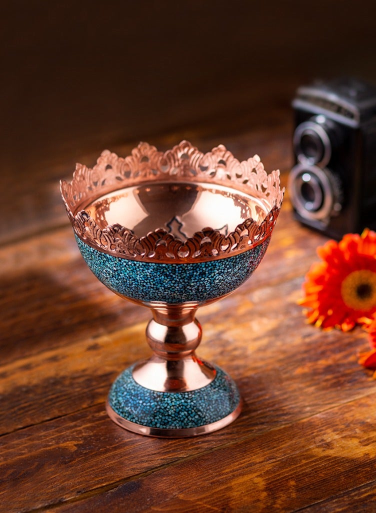 Aghajani Handcrafted Copper and Turquoise Chalice Bowl, 16cm Vintage-Inspired Fruit and Nut Holder Trough for Home Decor - Image 1