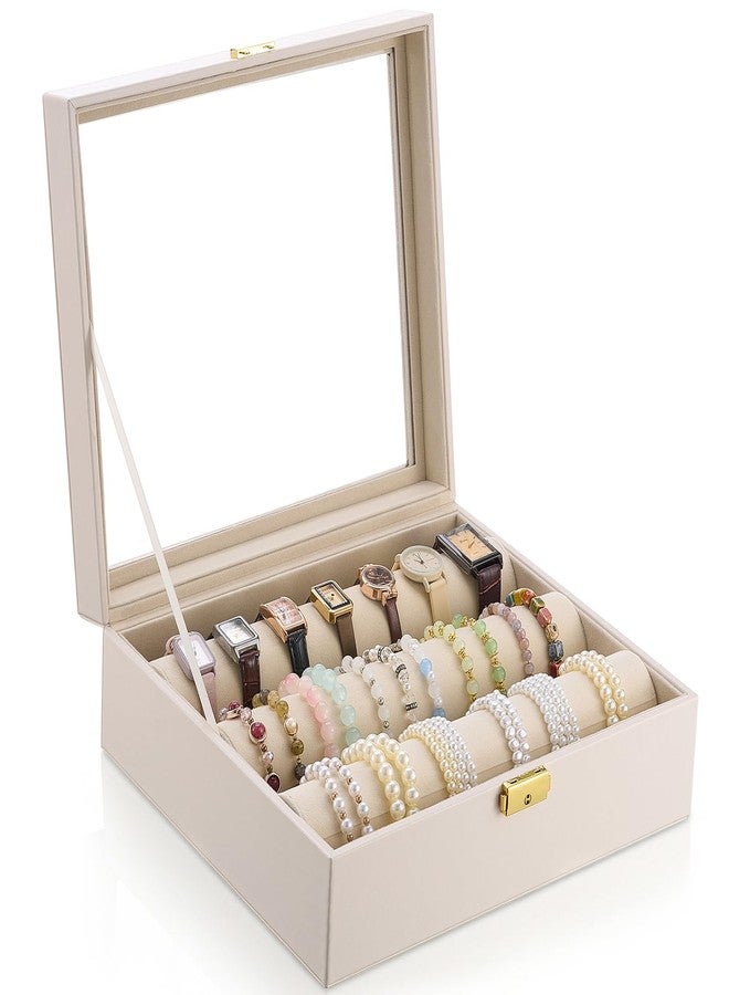 Nosiny Bracelet Display Holder with 3 Removable Rolls Bangle Organizer Display Clear Lid Bracelet Organizer Box Jewelry Storage Case for Women Retail Bracelets Watch Stores(Beige,PU Leather) - Image 1