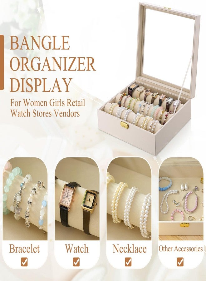 Nosiny Bracelet Display Holder with 3 Removable Rolls Bangle Organizer Display Clear Lid Bracelet Organizer Box Jewelry Storage Case for Women Retail Bracelets Watch Stores(Beige,PU Leather) - Image 3