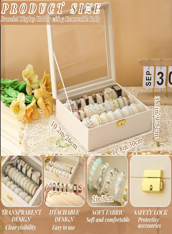 Nosiny Bracelet Display Holder with 3 Removable Rolls Bangle Organizer Display Clear Lid Bracelet Organizer Box Jewelry Storage Case for Women Retail Bracelets Watch Stores(Beige,PU Leather) - Image 2
