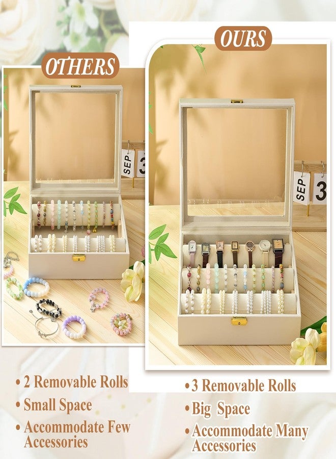 Nosiny Bracelet Display Holder with 3 Removable Rolls Bangle Organizer Display Clear Lid Bracelet Organizer Box Jewelry Storage Case for Women Retail Bracelets Watch Stores(Beige,PU Leather) - Image 5