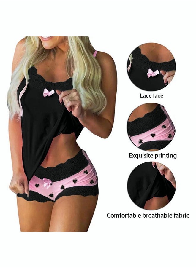 roaiss - Women'S 2 Piece Pajama Suit Cute Printed Suspender Vest And Shorts Set Classic Solid Color Lapel Silk Pajama Set - Image 1