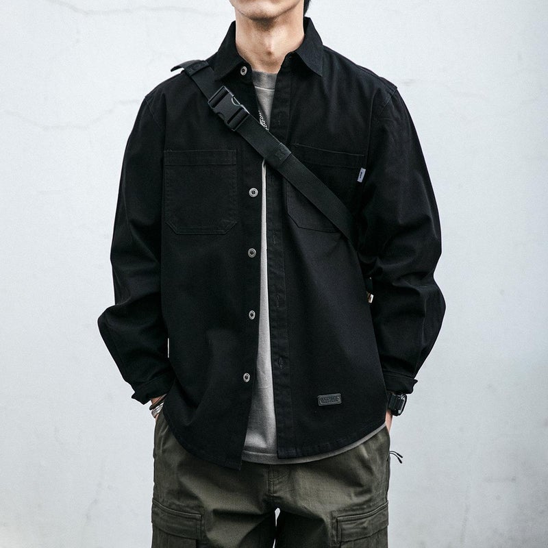 Japanese Vintage Work Shirt Mens Long-sleeved Korean Fashionable Loose Pocket Shirt Youth All-match Casual Jacket Trendy Black  - Image 3
