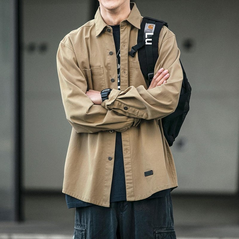 Japanese Vintage Work Shirt Mens Long-sleeved Korean Fashionable Loose Pocket Shirt Youth All-match Casual Jacket Trendy Black  - Image 5