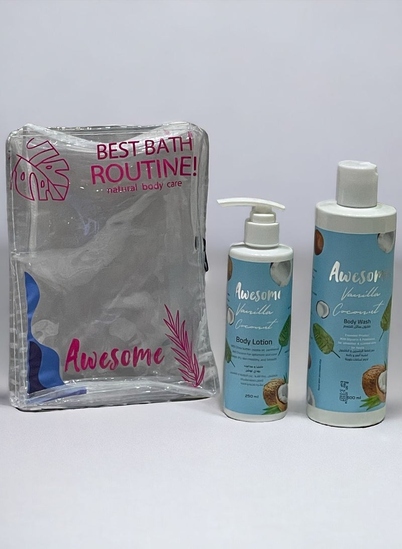 AWESOME BAG Vanilla COCONUT (BODY WASH 500ML+LOTION 250ML) + MAKEUP BAG - Image 1