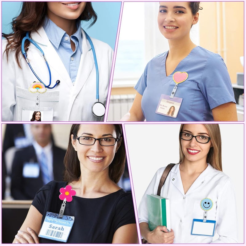 Woanger 8 Pcs Nurse Badge Reel Retractable Smile Face Badge Holder Felt Flower Name ID Accessories with 360 Degree Swivel Alligator Clip for Nurses Teacher School Holiday Gifts - Image 2