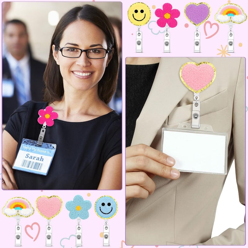Woanger 8 Pcs Nurse Badge Reel Retractable Smile Face Badge Holder Felt Flower Name ID Accessories with 360 Degree Swivel Alligator Clip for Nurses Teacher School Holiday Gifts - Image 5
