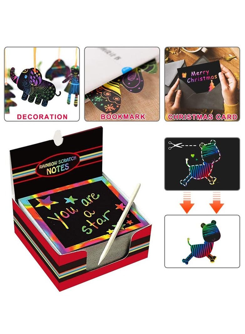 Rainbow Scratch Mini Notes Paper Pad Cards With 2 Stylus 2 Drawing Stencil Children Kids Draw Painting Toys Craft Gift - Image 2