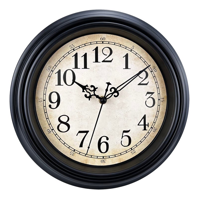 Plumeet Retro Wall Clock 10 Non Ticking Classic Silent Vintage Wall Clocks Decorative Kitchen Living Room Bedroom  Battery Operated Black