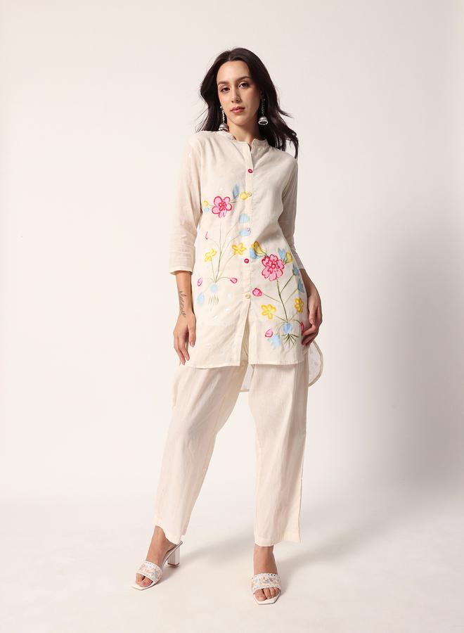 ISHIN Women's Cream Cotton Textured Tunic Full Palazzo Regular Fit Kurta Set - Image 1