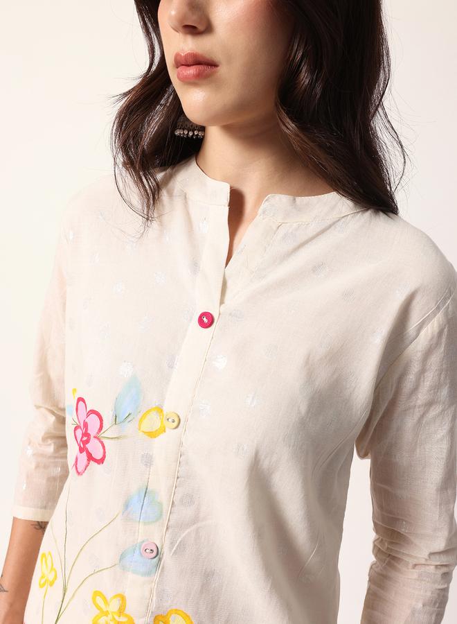 ISHIN Women's Cream Cotton Textured Tunic Full Palazzo Regular Fit Kurta Set - Image 2