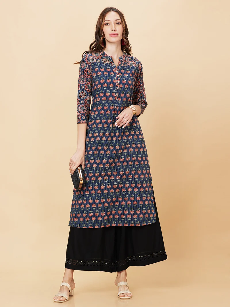 Women Floral Lace Hem Design Wide Leg Ethnic Palazzos