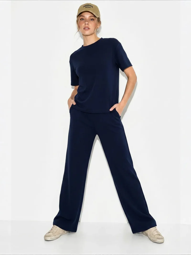 Bianco Lucci Navy Blue LUCCI Crew Neck T-Shirt and Pants Two-Piece Set for Women | Best Price UAE