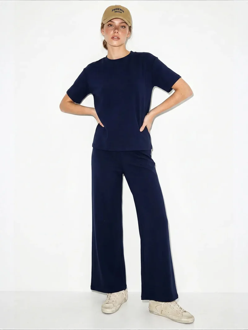 Bianco Lucci Navy Blue LUCCI Crew Neck T-Shirt and Pants Two-Piece Set for Women | Best Price UAE