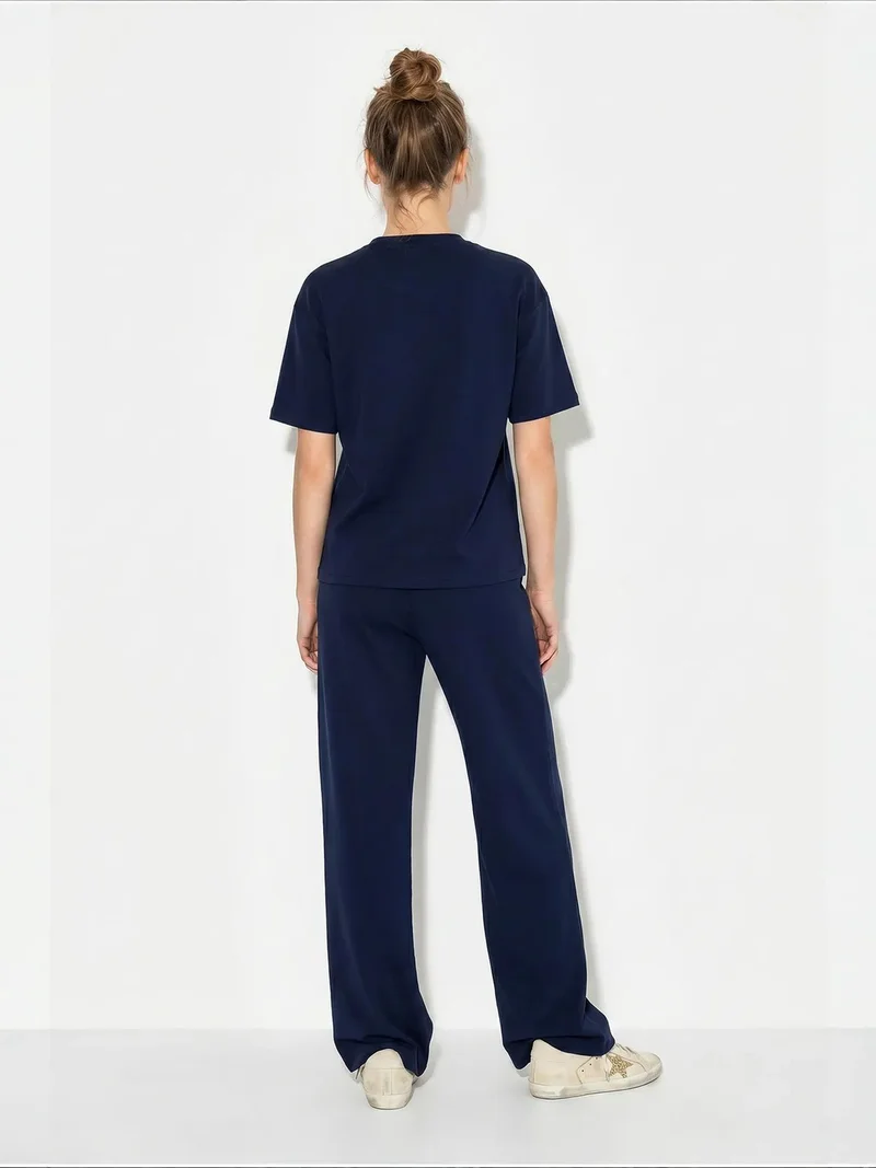 Bianco Lucci Navy Blue LUCCI Crew Neck T-Shirt and Pants Two-Piece Set for Women | Best Price UAE