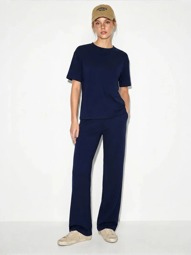 Bianco Lucci Navy Blue LUCCI Crew Neck T-Shirt and Pants Two-Piece Set for Women | Best Price UAE