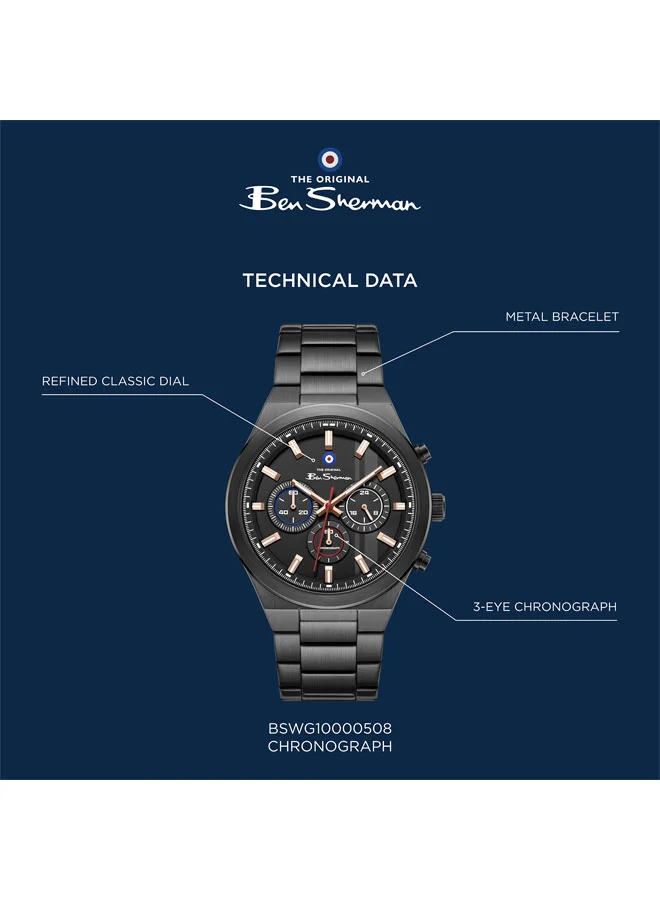 Ben Sherman Black Canterbury Black Dial Black Stainless Steel Bracelet Chronograph Watch for Men, 44mm for Men | Best Price UAE