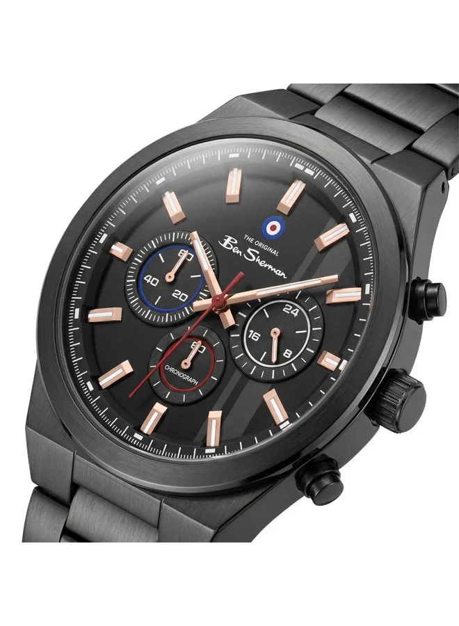 بين شيرمان Canterbury Black Dial Black Stainless Steel Bracelet Chronograph Watch for Men, 44mm