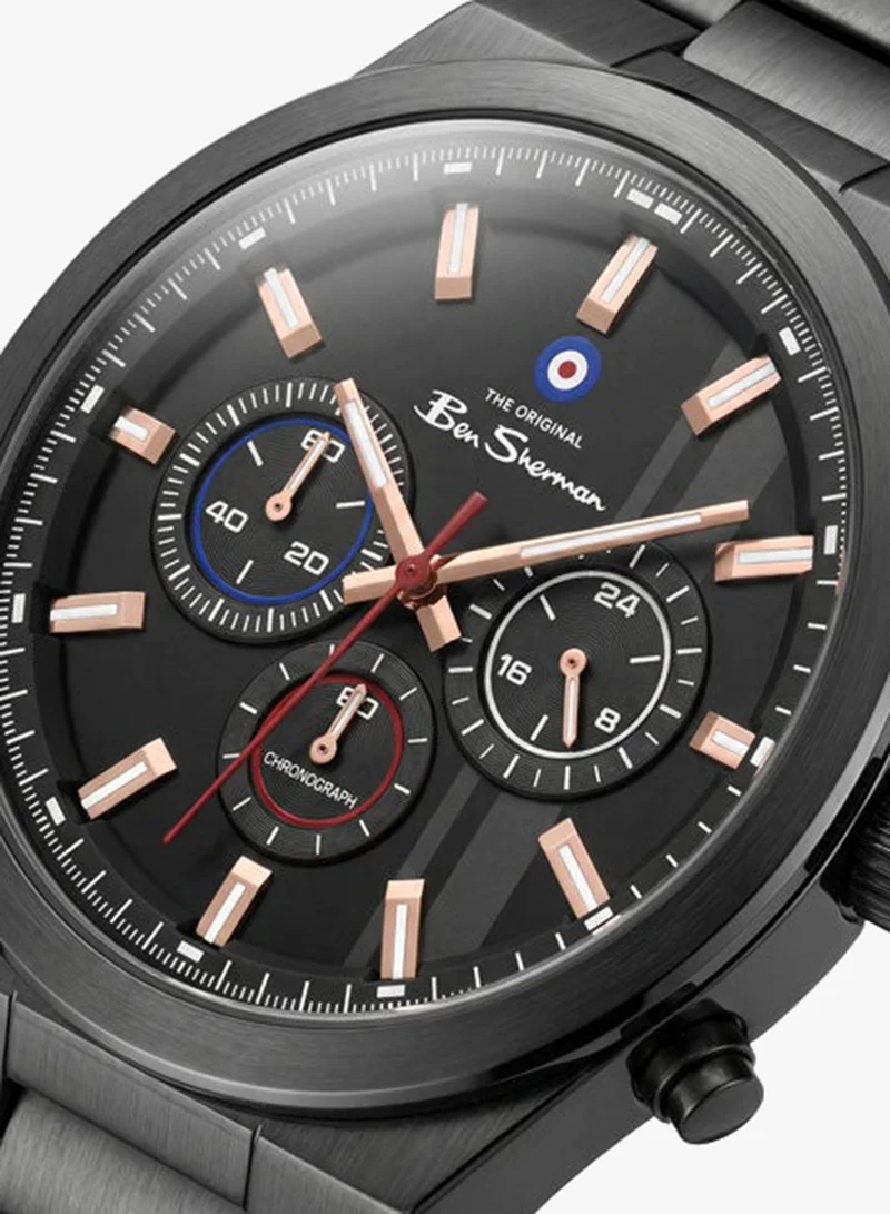 Ben Sherman Canterbury Black Dial Black Stainless Steel Bracelet Chronograph Watch for Men, 44mm