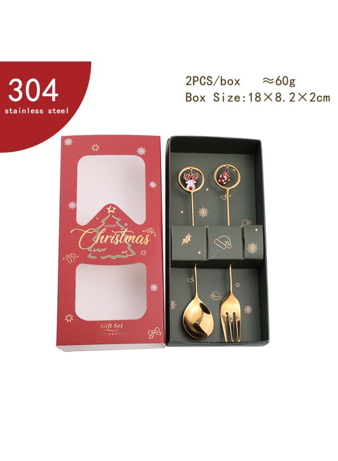 Q Christmas Spoon Suit Christmas Gift Tableware Two-piece Dessert Spoon Fork Santa Elk Doll Spoon 