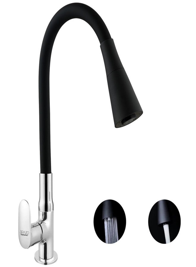 SPAZIO Opal Brass Swan Neck Tap/Sink Faucet with Black 360 Degree Flexible Silicon Swivel Spout & Dual Flow Pattern, Hot/Cold Water for Kitchen Sink, Wash Basin, Chrome Finish Pillar Cock - Image 1