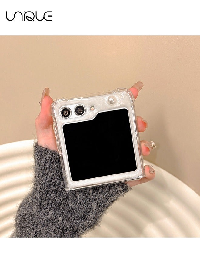 Unique For Samsung Z Flip 5 Phone Case - Glitter Bow Pearl Phone Case - Transparent Design Sparkling 3D Pearl Bow Aesthetic Phone Case - TPU Drop Resistant Shock Case - Image 2