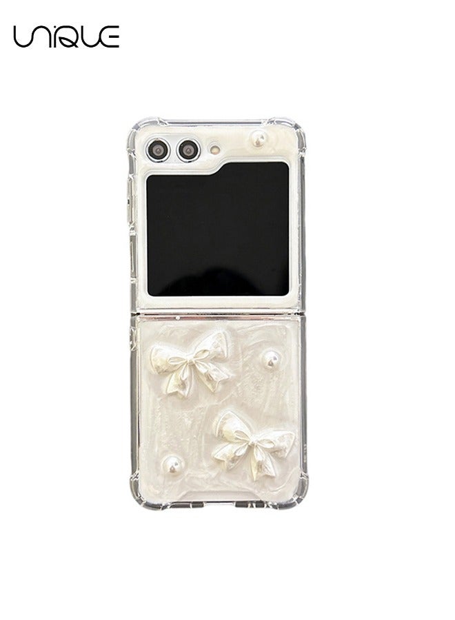 Unique For Samsung Z Flip 5 Phone Case - Glitter Bow Pearl Phone Case - Transparent Design Sparkling 3D Pearl Bow Aesthetic Phone Case - TPU Drop Resistant Shock Case - Image 1