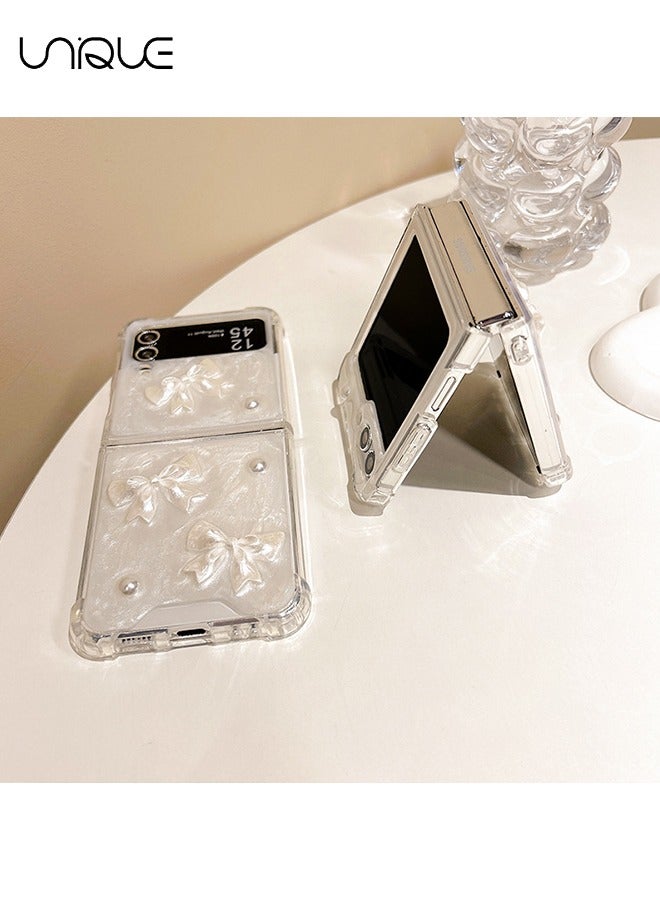 Unique For Samsung Z Flip 5 Phone Case - Glitter Bow Pearl Phone Case - Transparent Design Sparkling 3D Pearl Bow Aesthetic Phone Case - TPU Drop Resistant Shock Case - Image 3