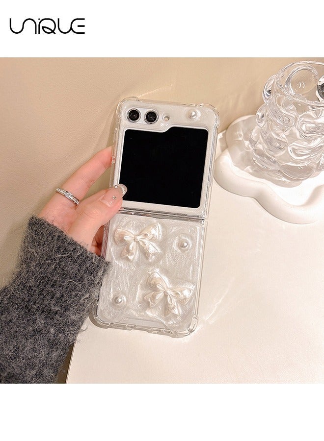 Unique For Samsung Z Flip 5 Phone Case - Glitter Bow Pearl Phone Case - Transparent Design Sparkling 3D Pearl Bow Aesthetic Phone Case - TPU Drop Resistant Shock Case - Image 4