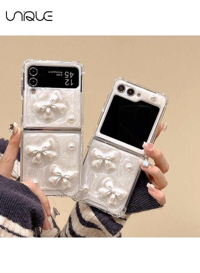 Unique For Samsung Z Flip 5 Phone Case - Glitter Bow Pearl Phone Case - Transparent Design Sparkling 3D Pearl Bow Aesthetic Phone Case - TPU Drop Resistant Shock Case - Image 5