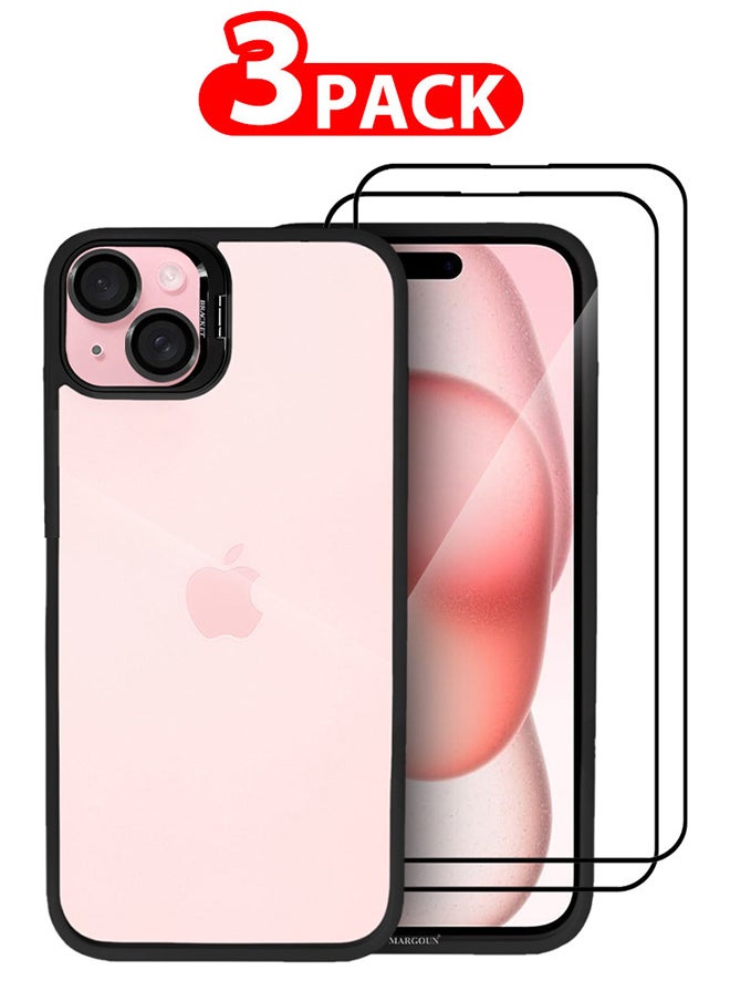 CATANES - 3 Pack iPhone 15 Plus Case Cover and Lens Protector and 2 Screen Protectors Built-in Camera Stand and Compatible with MagSafe Full Body Shockproof Case Clear Black - Image 1