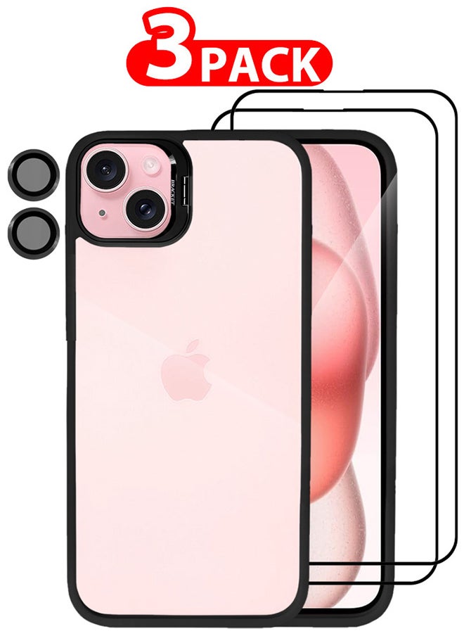 CATANES - 3 Pack iPhone 15 Plus Case Cover and Lens Protector and 2 Screen Protectors Built-in Camera Stand and Compatible with MagSafe Full Body Shockproof Case Clear Black - Image 1