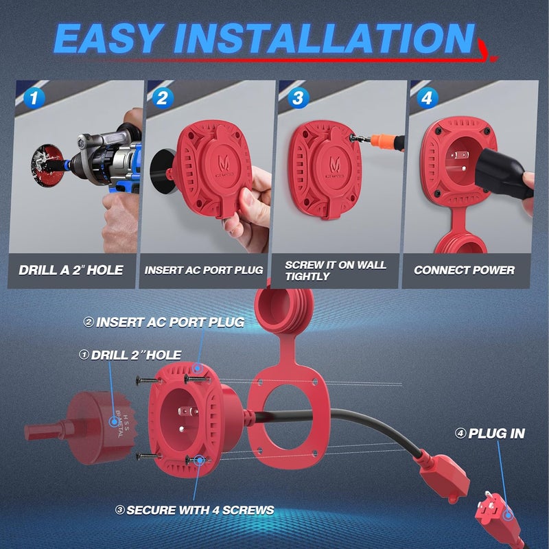 MICTUNING 15Amp 125V AC Port Plug with 20" Integrated Heavy Duty Extension Cord and Water-Resistant Cap - Red - Image 4