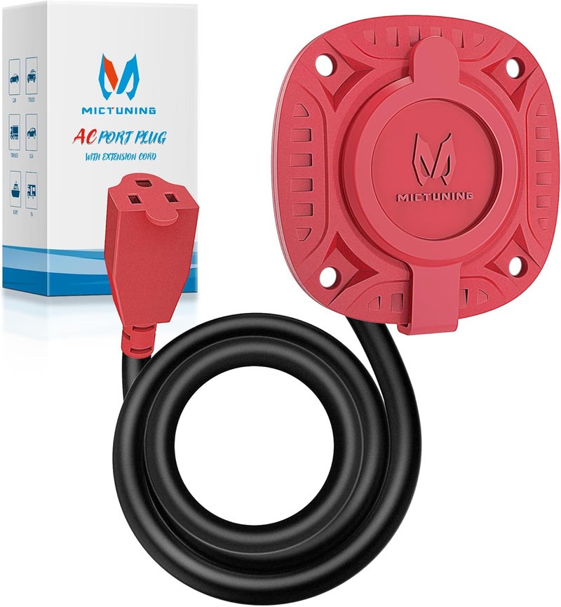 MICTUNING 15Amp 125V AC Port Plug with 20" Integrated Heavy Duty Extension Cord and Water-Resistant Cap - Red - Image 1