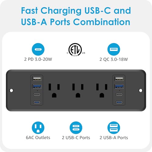 HHSOET 14 in 1 Fast Charging Recessed Power Strip, 20W Furniture Power Outlet, Flush Mount Surge Protection with 6 AC Plugs, 4 USB-A and 4 USB-C, 6ft Power Cord. (Black) - Image 2