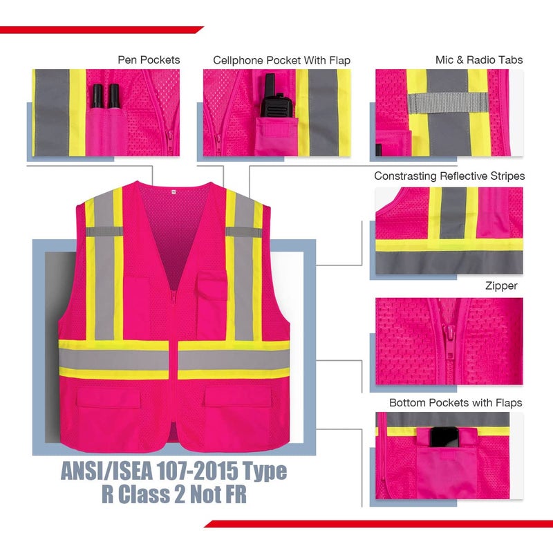 KAYGO Safety Vest with Pockets - High Visibility Reflective Vest ANSI Class 2 Construction Vest (Type R, Not FR) KG0100 (S, Pink, 1 Pcs) - Image 3