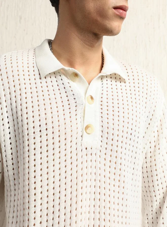 Hubberholme Eyelet Design Oversized  Knit Polo by Styli