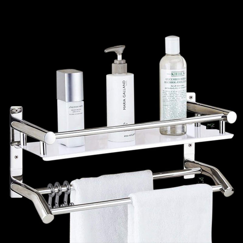 Meetzone High Grade Stainless Steel Multipurpose 2 Tier Bathroom Shelf with Towel HolderTowel HooksBathroom AccessoriesSilver - Image 5
