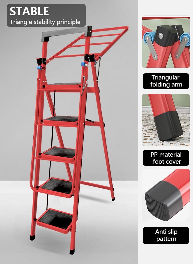 سلّم رف تجفيف الملابس ذو الأجنحة القابلة للطيّ، رفوف تجفيف غسيل قابلة للطيّ متعددة الوظائف، رفوف تجفيف غسيل محمولة قابلة للطيّ مع 5 خطوات بدواسة، مجفف قماش قوي قابل للطي، قابل للتعديل وقابل للتعديل، وزن التحميل 150 كجم (أحمر) - Image 2