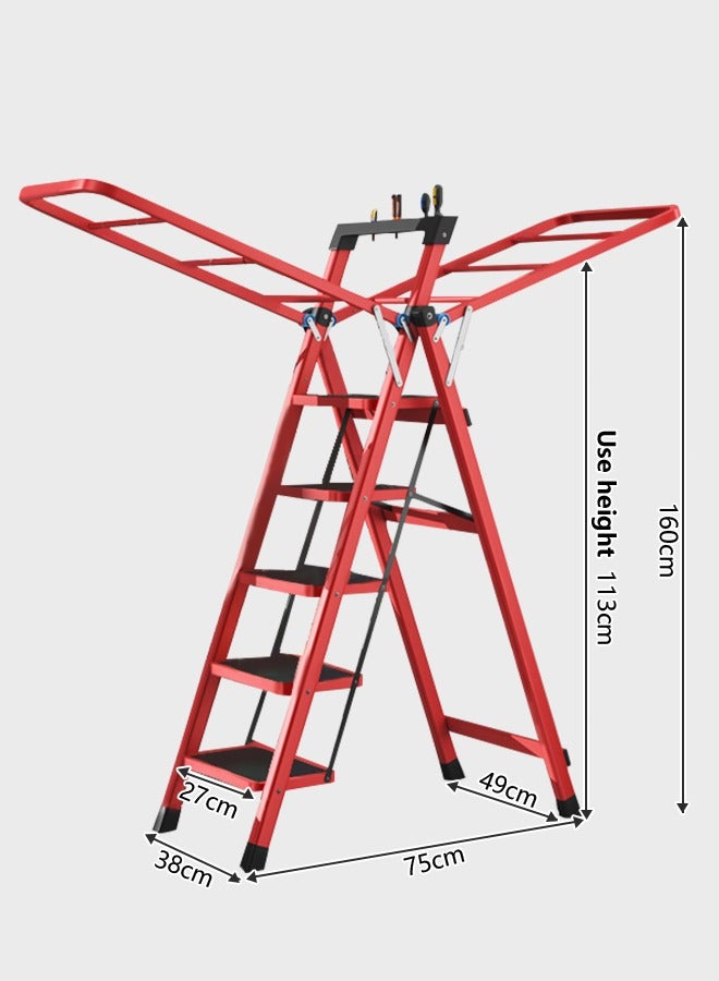 سلّم رف تجفيف الملابس ذو الأجنحة القابلة للطيّ، رفوف تجفيف غسيل قابلة للطيّ متعددة الوظائف، رفوف تجفيف غسيل محمولة قابلة للطيّ مع 5 خطوات بدواسة، مجفف قماش قوي قابل للطي، قابل للتعديل وقابل للتعديل، وزن التحميل 150 كجم (أحمر) - Image 4