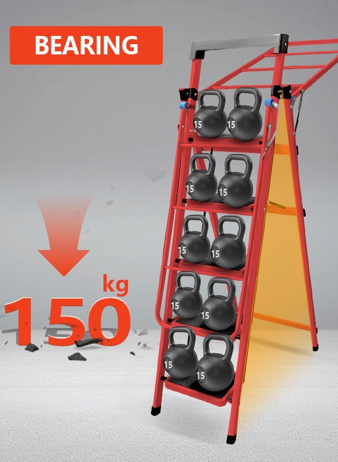 سلّم رف تجفيف الملابس ذو الأجنحة القابلة للطيّ، رفوف تجفيف غسيل قابلة للطيّ متعددة الوظائف، رفوف تجفيف غسيل محمولة قابلة للطيّ مع 5 خطوات بدواسة، مجفف قماش قوي قابل للطي، قابل للتعديل وقابل للتعديل، وزن التحميل 150 كجم (أحمر) - Image 5