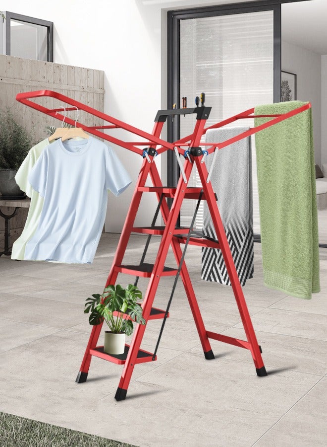 سلّم رف تجفيف الملابس ذو الأجنحة القابلة للطيّ، رفوف تجفيف غسيل قابلة للطيّ متعددة الوظائف، رفوف تجفيف غسيل محمولة قابلة للطيّ مع 5 خطوات بدواسة، مجفف قماش قوي قابل للطي، قابل للتعديل وقابل للتعديل، وزن التحميل 150 كجم (أحمر) - Image 1