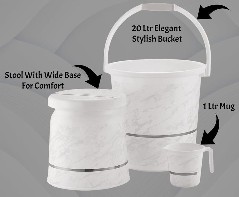 Liza Liza 3 pcs Bathroom Accessories Set Plastic Bath Set Bathroom Bucket 20Ltr, Mug and Stool 3 Piece Combo Set for Home, Kitchen & Bathroom (White) - Image 5