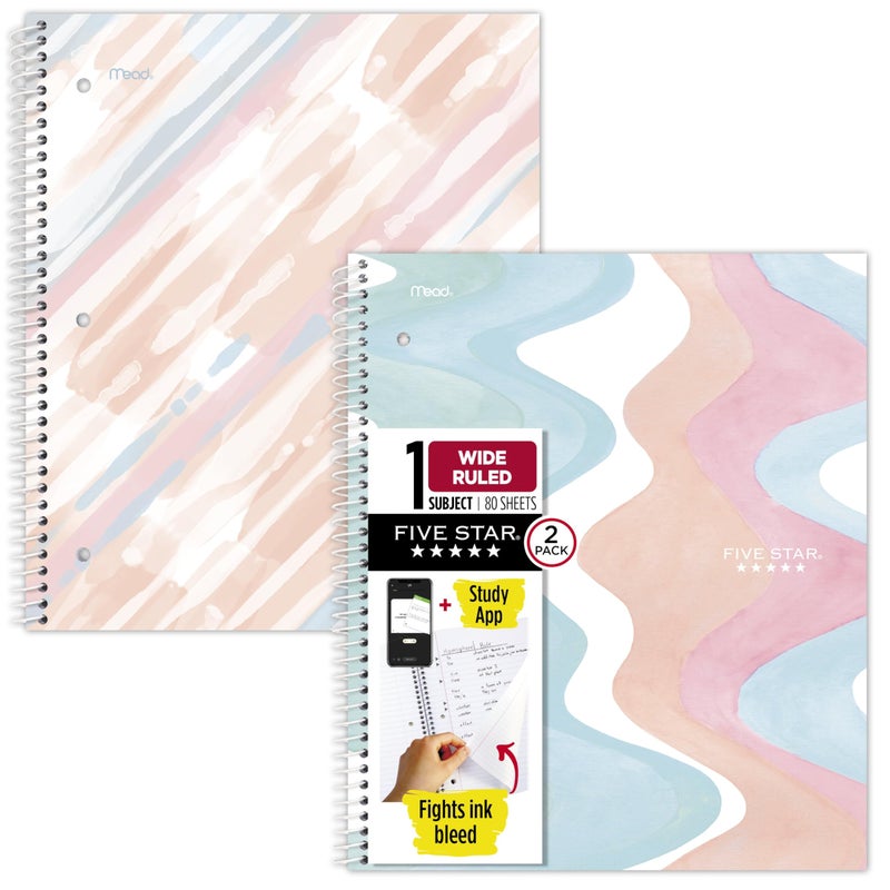 Five Star Spiral Notebook + Study App, 2 Pack, 1 Subject, Wide Ruled, 8" x 10-1/2", 80 Sheets, Fights Ink Bleed, Water Resistant Cover, Pastel Waves and Brush Strokes (930210F-ECM) - Image 1