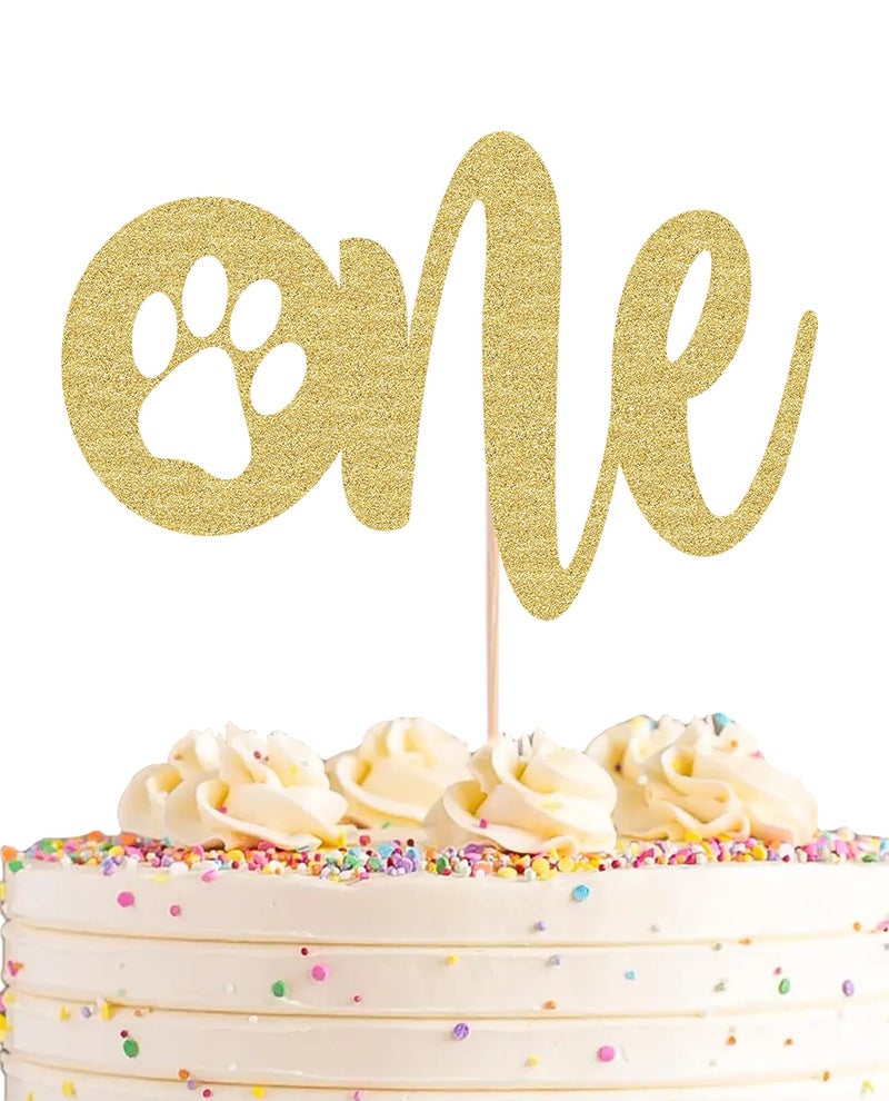 AHAORAY Paw Print One Cake Topper - Gold Glitter Pet Dog First Birthday Cake Decorations Supplies - Pet Puppy Theme Party Cake Decor  for Pet Birthday Party  Baby Shower Favors or Photo Booth Props - Image 1