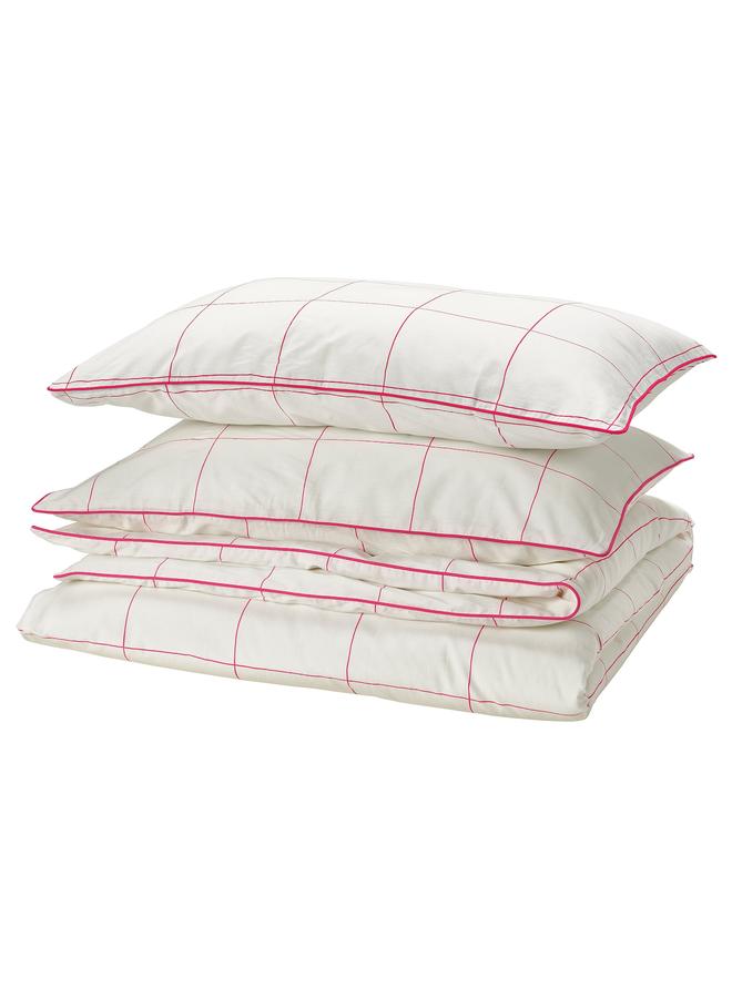 Zaboon Duvet cover and 2 pillowcases, white pink/check, 240x220/50x80 cm - Image 1