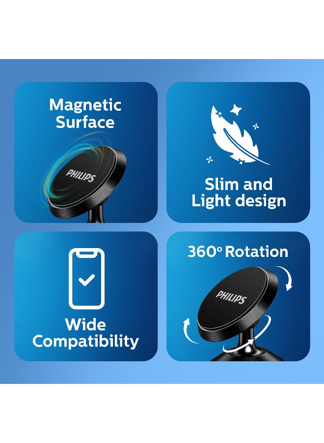 فيليبس Smart Magnetic Car Mount – 360° Rotation Dashboard & Desk Phone Holder – Strong Magnetic Grip – Universal Compatibility – Black black - Image 2