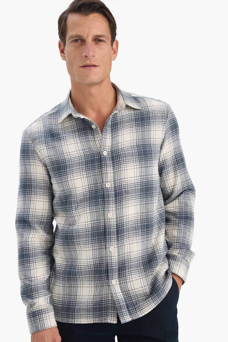 Defacto Regular Fit Polo Collar Plaid Flanel Long Sleeve Shirt