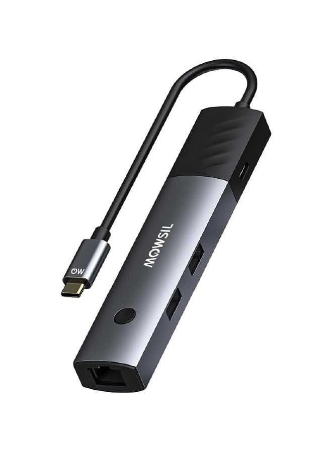 MOWSIL Mowsil USB-C Hub 6-in-1 with Switch, HDMI 4K 60Hz, 2 x USB 3.0, RJ45 Gigabit Ethernet, Type-C PD 100W, Type-C 3.0 Data, Video Output Mirror or Extend, Braided 9CM Cable, Aluminum Alloy - Image 1