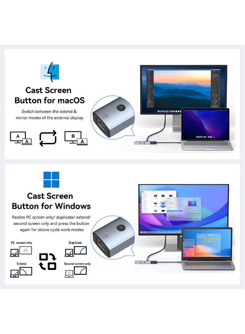MOWSIL Mowsil USB-C Hub 6-in-1 with Switch, HDMI 4K 60Hz, 2 x USB 3.0, RJ45 Gigabit Ethernet, Type-C PD 100W, Type-C 3.0 Data, Video Output Mirror or Extend, Braided 9CM Cable, Aluminum Alloy - Image 4